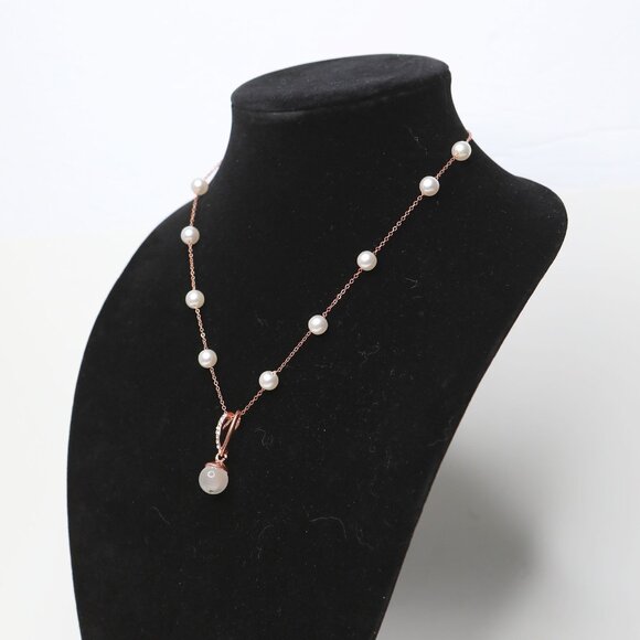 Rose Gold Tone Dainty Y-Lariat Necklace Faux Pearl Drop Modern Minimalist - Picture 7 of 8